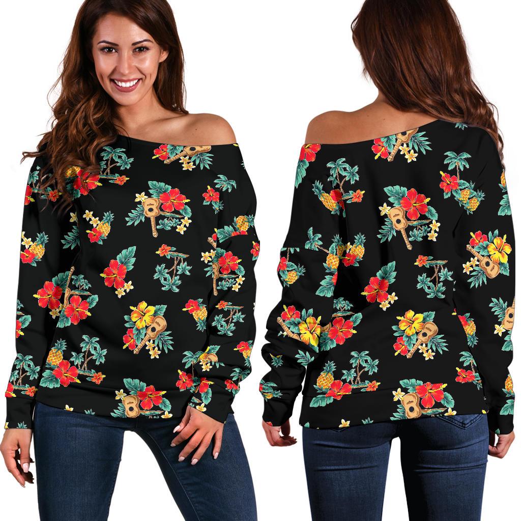 Hawaiian Flower Themed Print Off Shoulder Sweatshirt