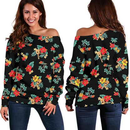 Hawaiian Flower Themed Print Off Shoulder Sweatshirt