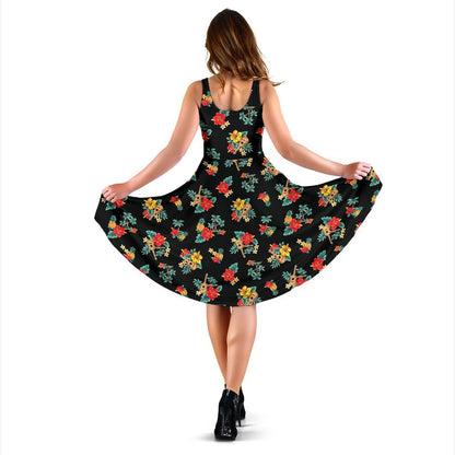 Hawaiian Flower Themed Print Sleeveless Dress