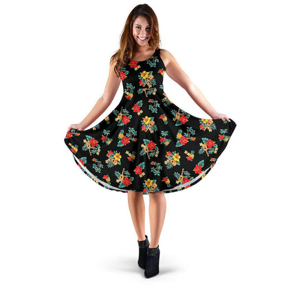 Hawaiian Flower Themed Print Sleeveless Dress