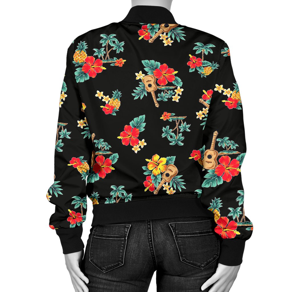 Hawaiian Flower Themed Print Women Casual Bomber Jacket