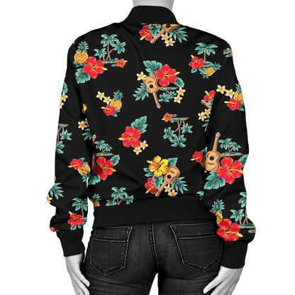 Hawaiian Flower Themed Print Women Casual Bomber Jacket