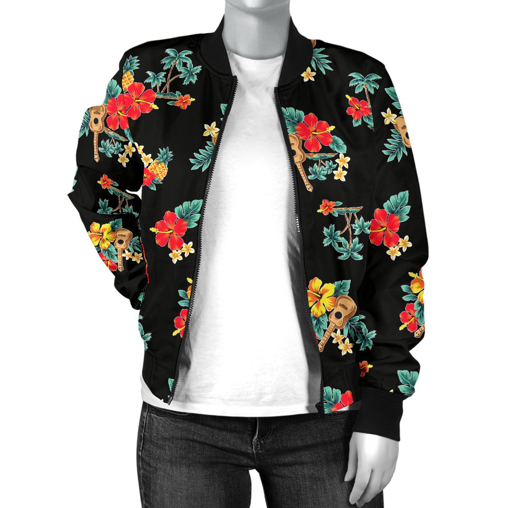 Hawaiian Flower Themed Print Women Casual Bomber Jacket