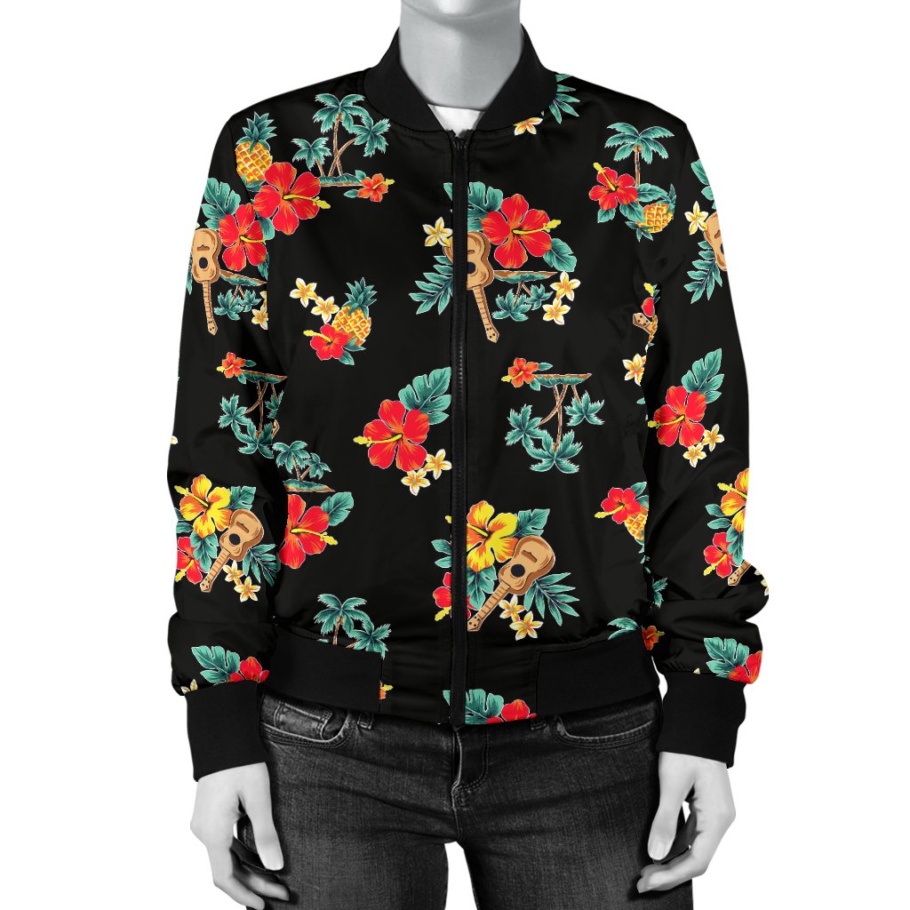 Hawaiian Flower Themed Print Women Casual Bomber Jacket