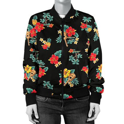 Hawaiian Flower Themed Print Women Casual Bomber Jacket