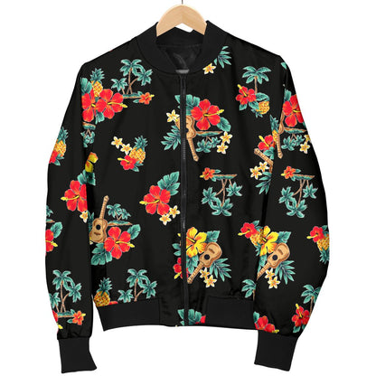 Hawaiian Flower Themed Print Women Casual Bomber Jacket