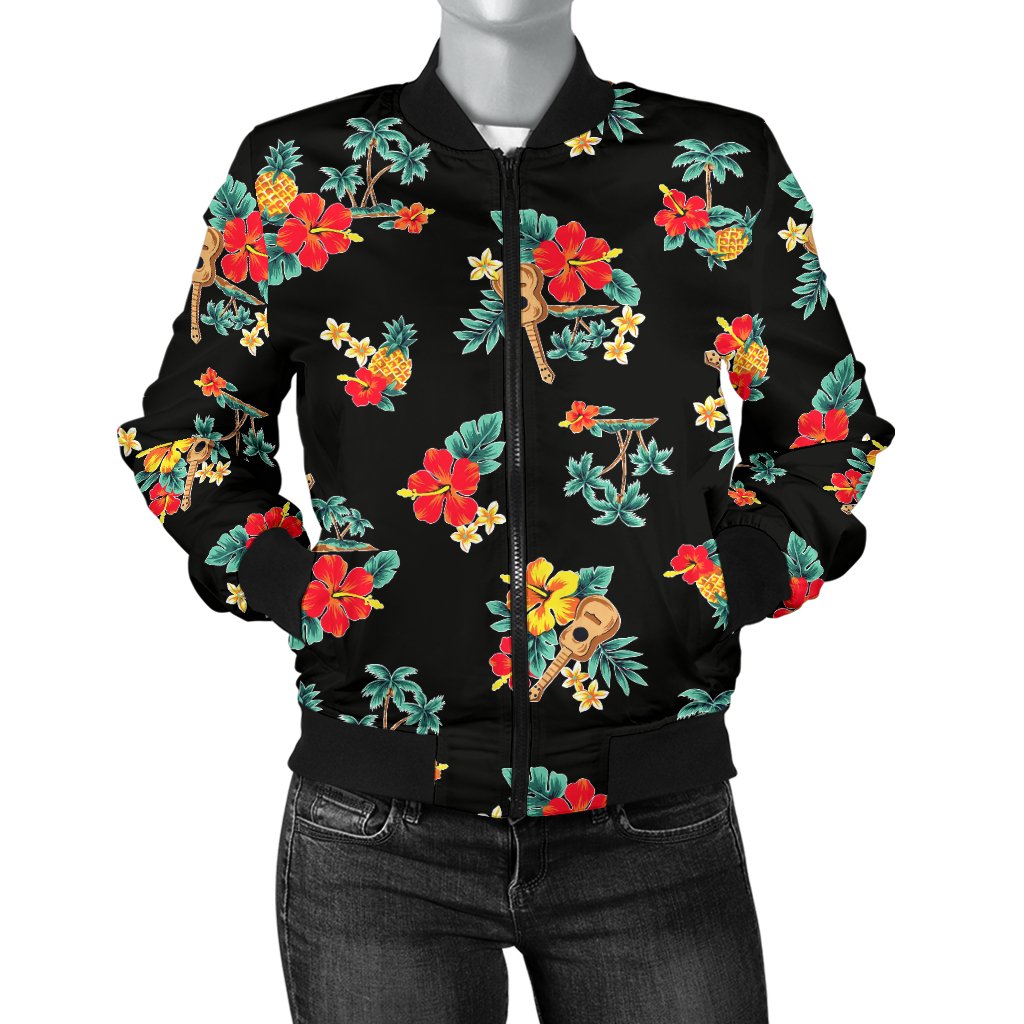 Hawaiian Flower Themed Print Women Casual Bomber Jacket