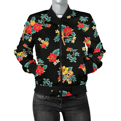 Hawaiian Flower Themed Print Women Casual Bomber Jacket