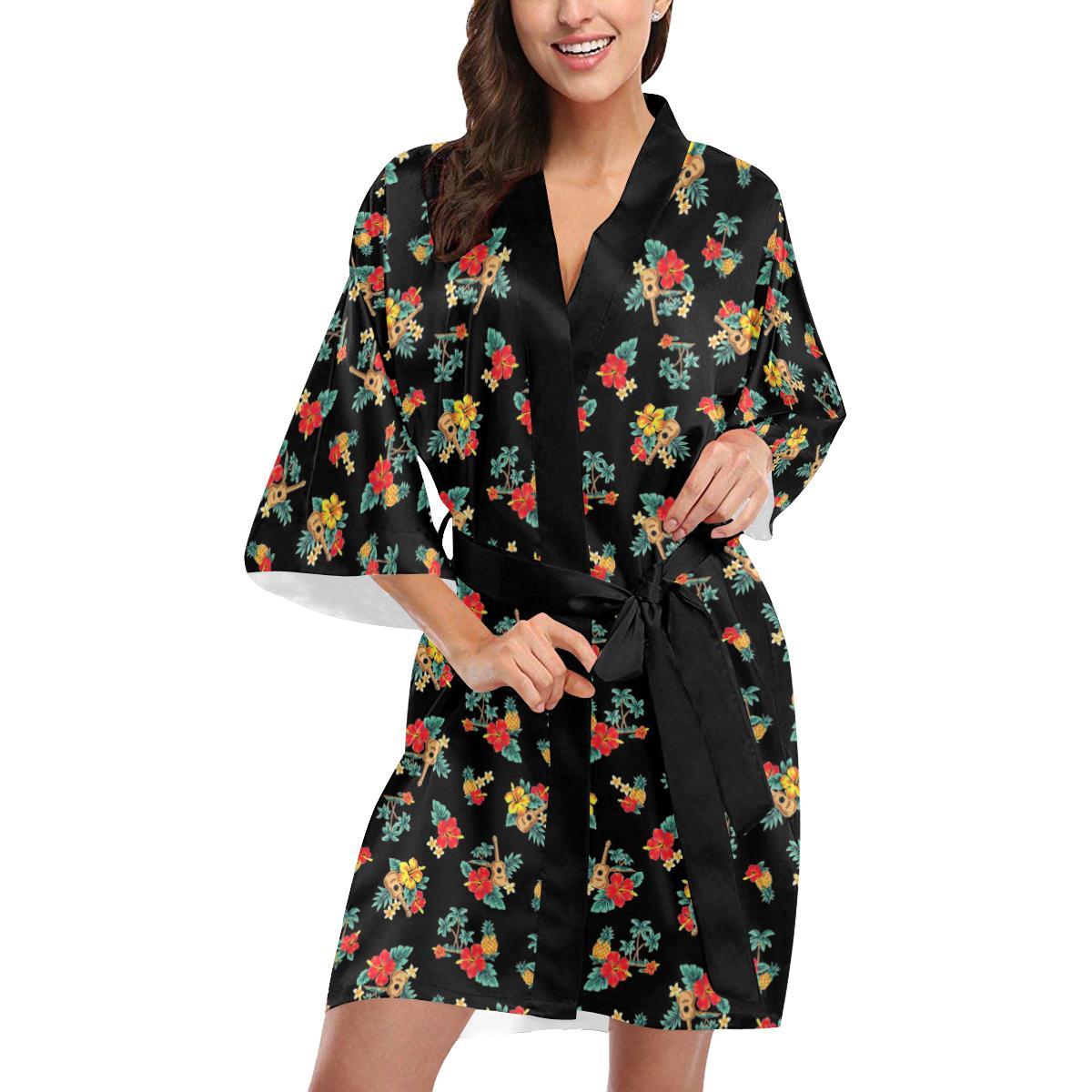 Hawaiian Flower Themed Print Women Short Kimono Robe