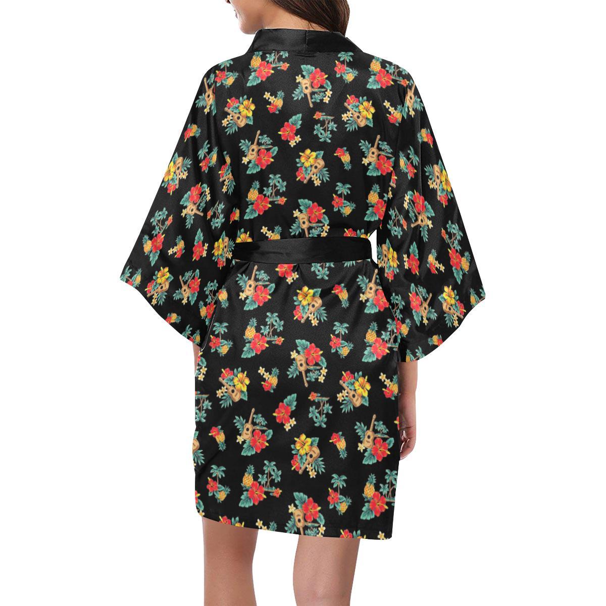 Hawaiian Flower Themed Print Women Short Kimono Robe