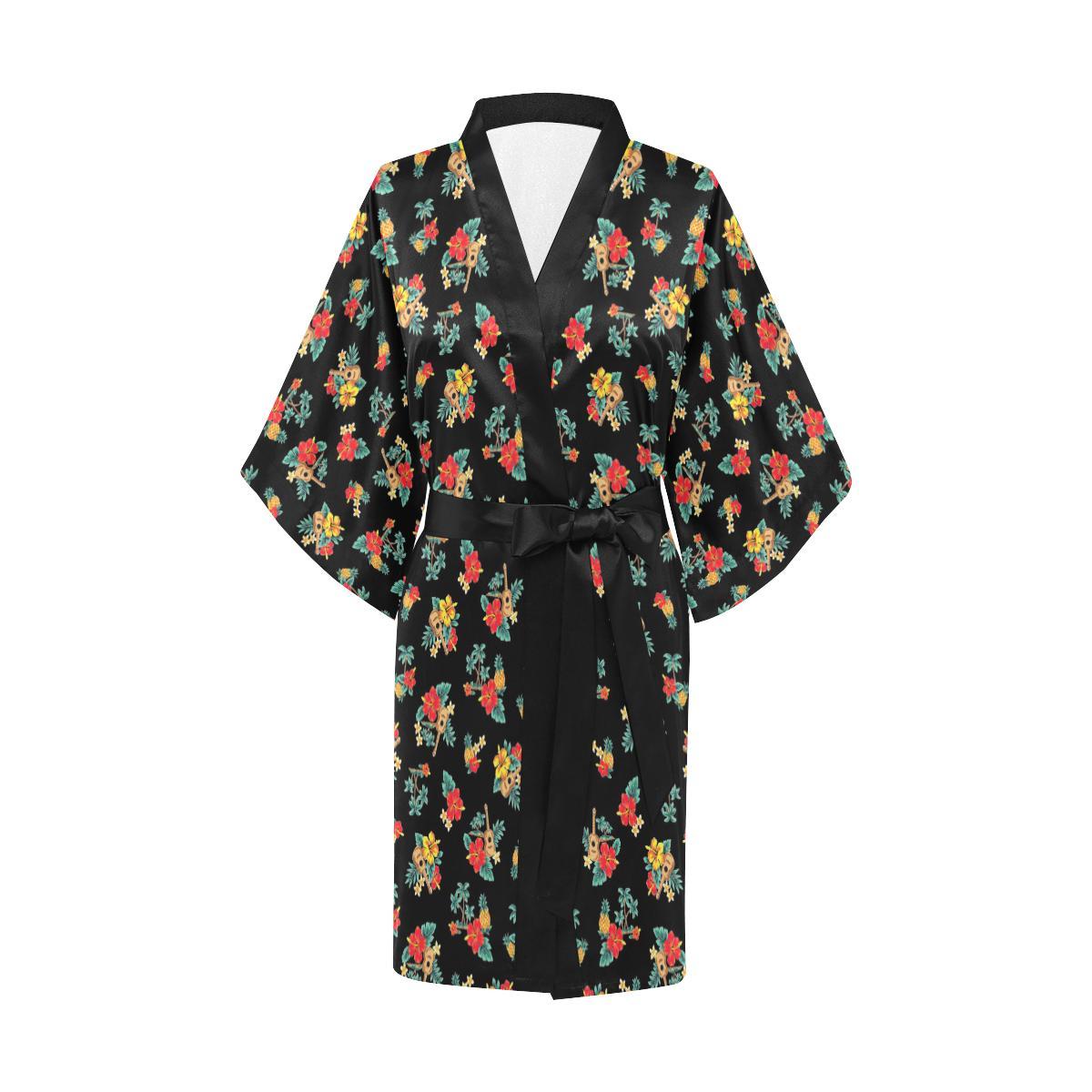 Hawaiian Flower Themed Print Women Short Kimono Robe