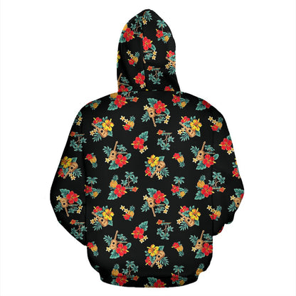Hawaiian Flower Themed Print Zip Up Hoodie