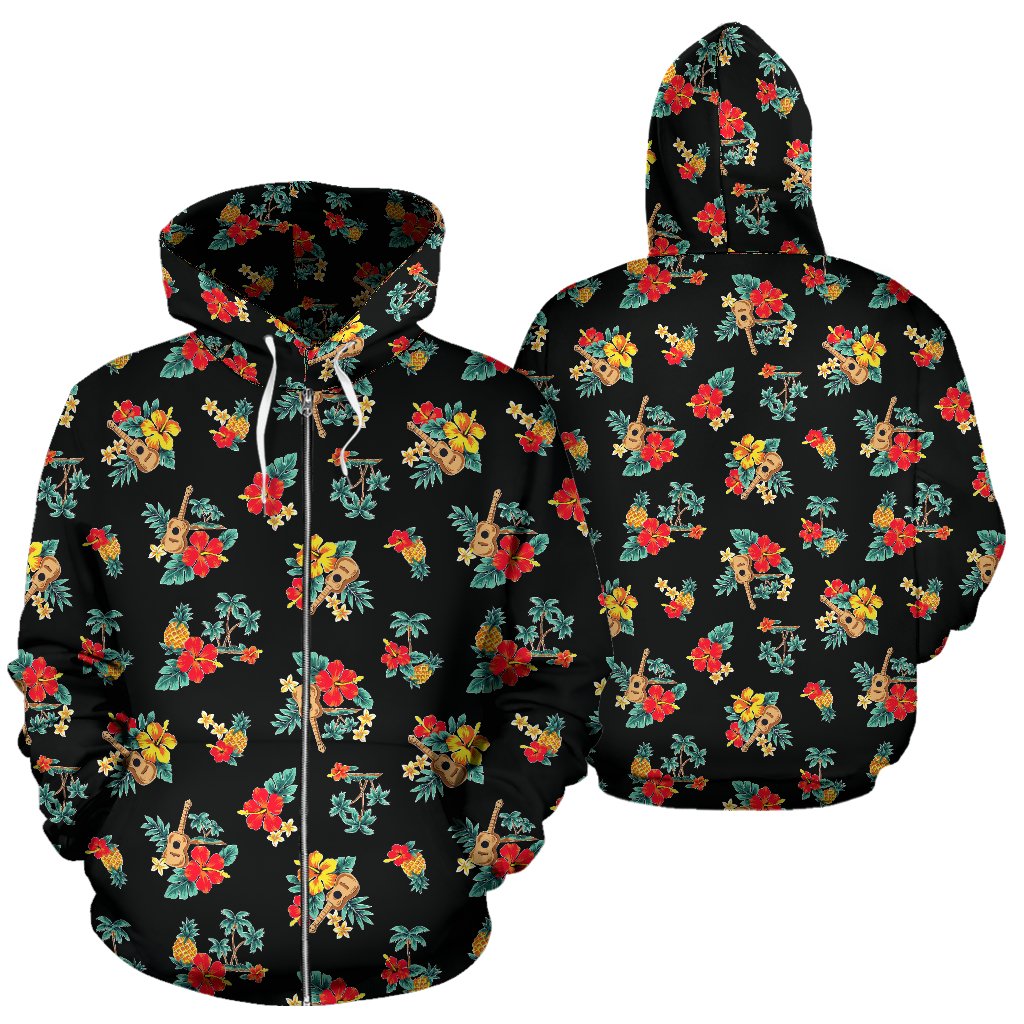Hawaiian Flower Themed Print Zip Up Hoodie