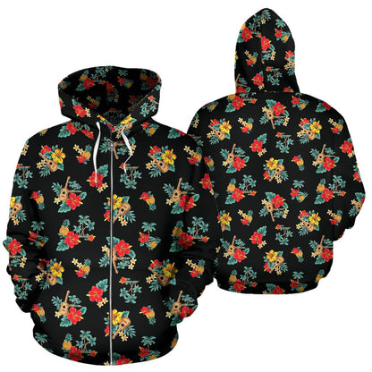 Hawaiian Flower Themed Print Zip Up Hoodie