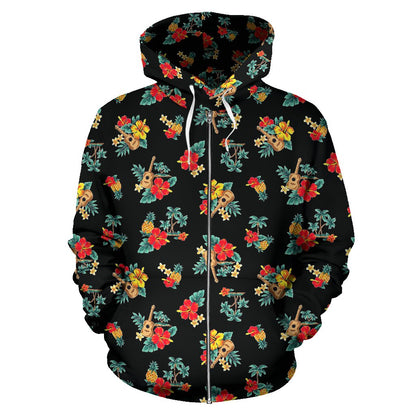 Hawaiian Flower Themed Print Zip Up Hoodie