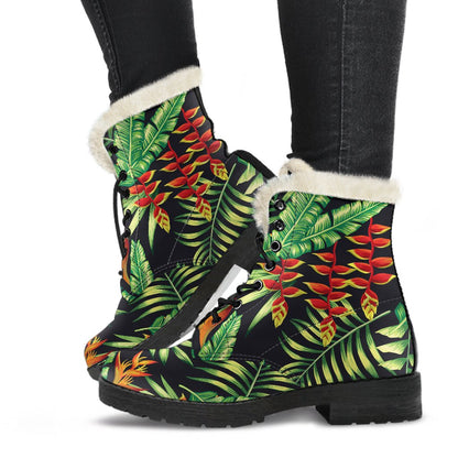 Hawaiian Flower Tropical Palm Leaves Faux Fur Leather Boots-JTAMIGO.COM