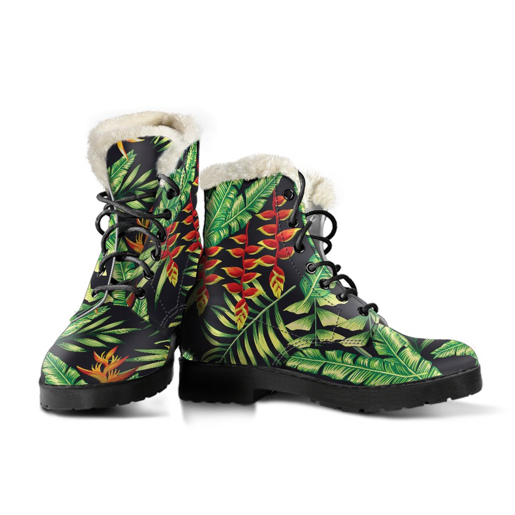 Hawaiian Flower Tropical Palm Leaves Faux Fur Leather Boots-JTAMIGO.COM