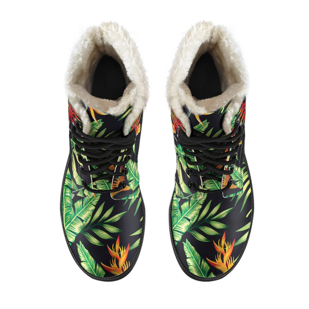 Hawaiian Flower Tropical Palm Leaves Faux Fur Leather Boots-JTAMIGO.COM
