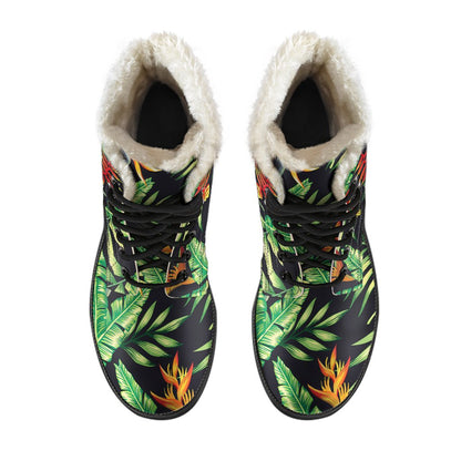 Hawaiian Flower Tropical Palm Leaves Faux Fur Leather Boots-JTAMIGO.COM