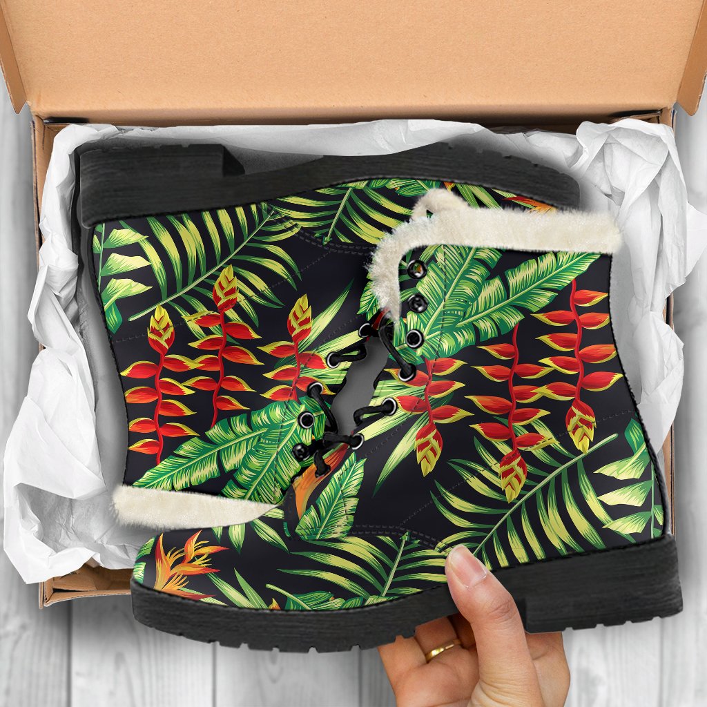 Hawaiian Flower Tropical Palm Leaves Faux Fur Leather Boots-JTAMIGO.COM