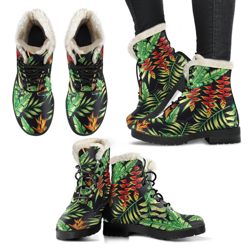Hawaiian Flower Tropical Palm Leaves Faux Fur Leather Boots-JTAMIGO.COM