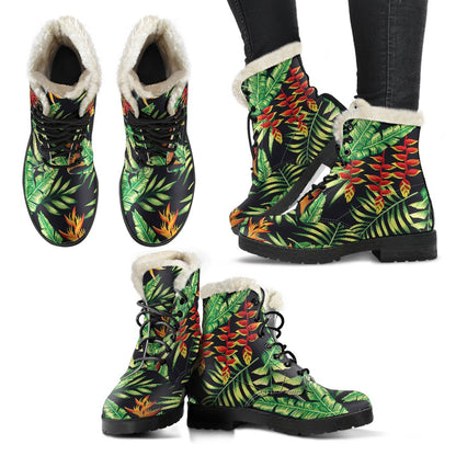 Hawaiian Flower Tropical Palm Leaves Faux Fur Leather Boots-JTAMIGO.COM