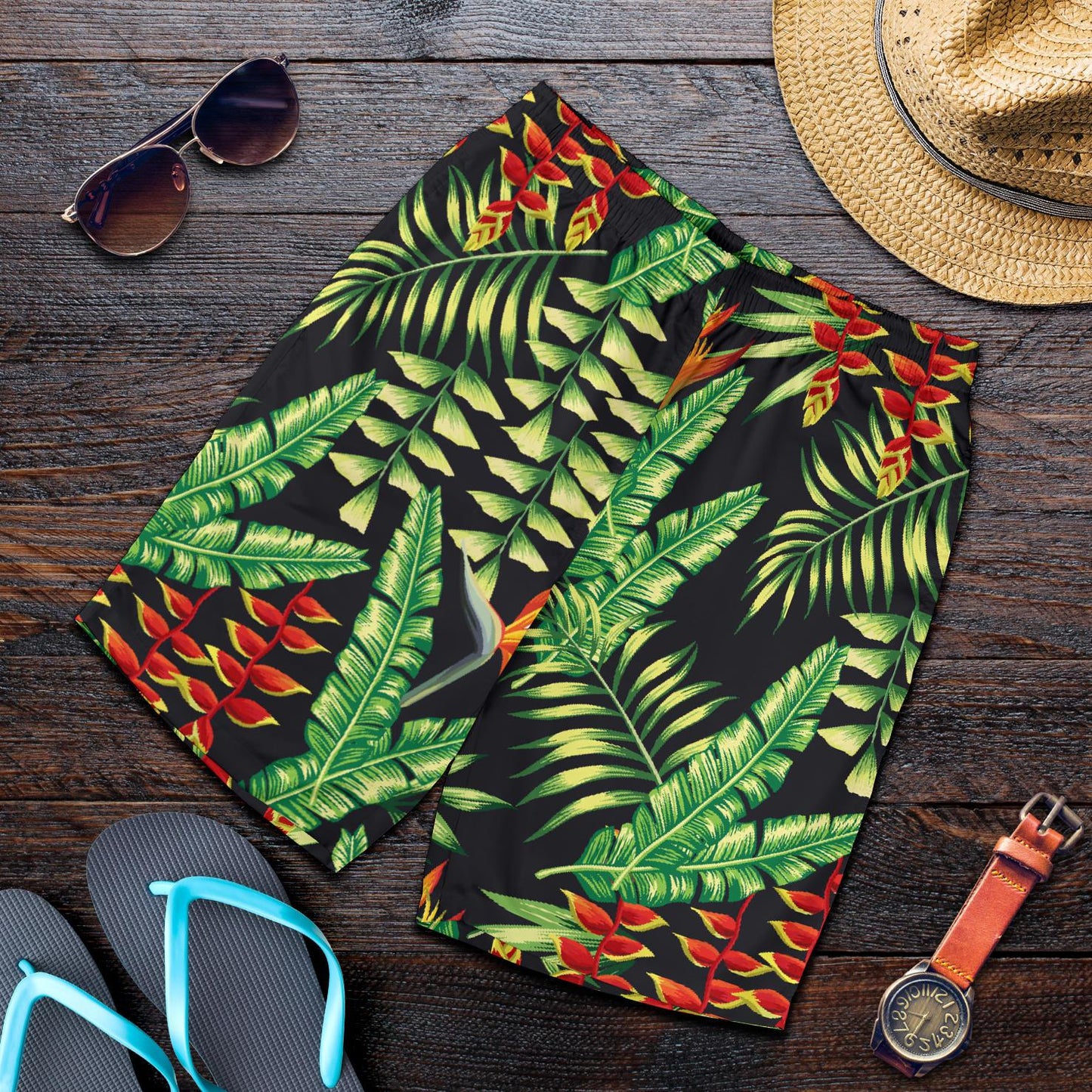 Hawaiian Flower Tropical Palm Leaves Mens Shorts-JTAMIGO.COM