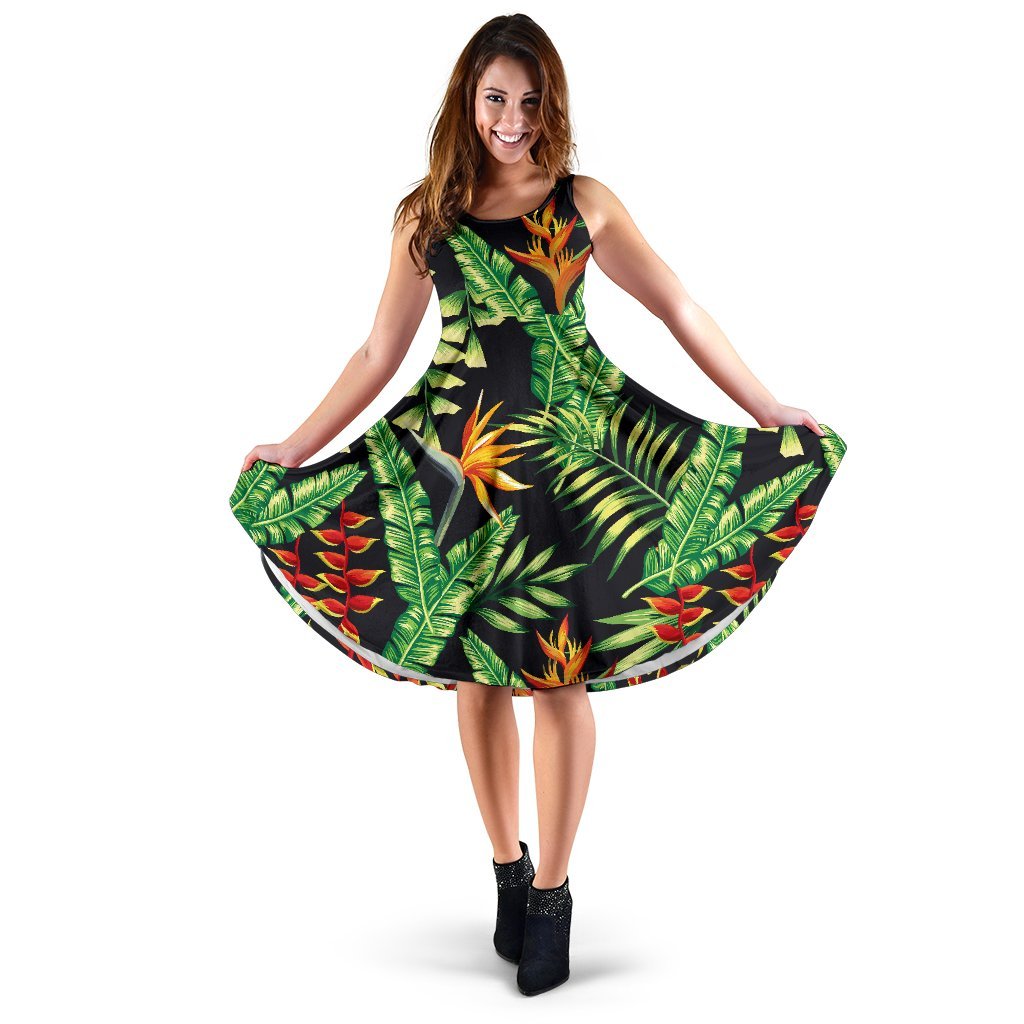 Hawaiian Flower Tropical Palm Leaves Sleeveless Dress