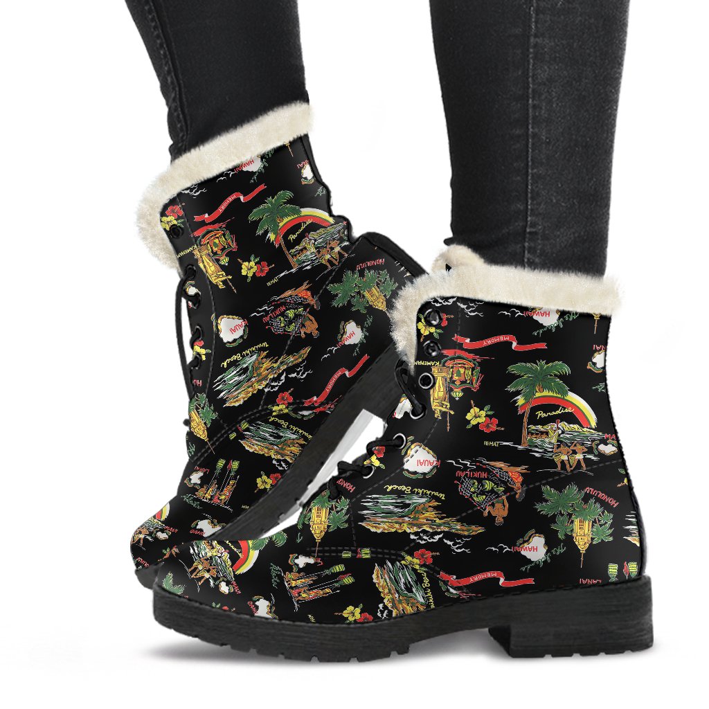 Hawaiian Island Themed Print Faux Fur Leather Boots-JTAMIGO.COM