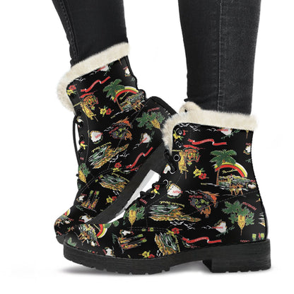 Hawaiian Island Themed Print Faux Fur Leather Boots-JTAMIGO.COM