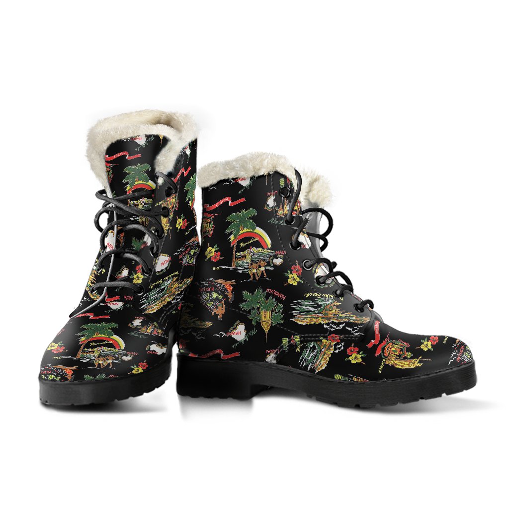 Hawaiian Island Themed Print Faux Fur Leather Boots-JTAMIGO.COM