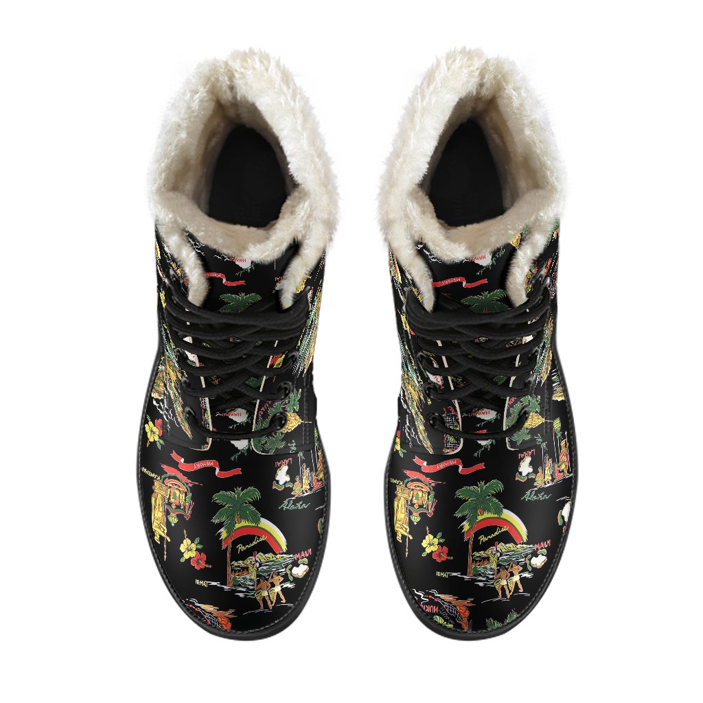 Hawaiian Island Themed Print Faux Fur Leather Boots-JTAMIGO.COM