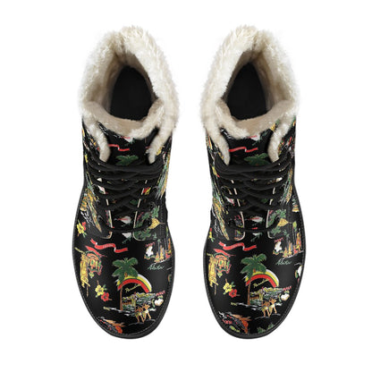 Hawaiian Island Themed Print Faux Fur Leather Boots-JTAMIGO.COM