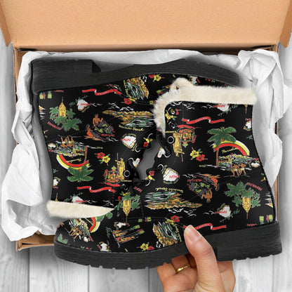 Hawaiian Island Themed Print Faux Fur Leather Boots-JTAMIGO.COM