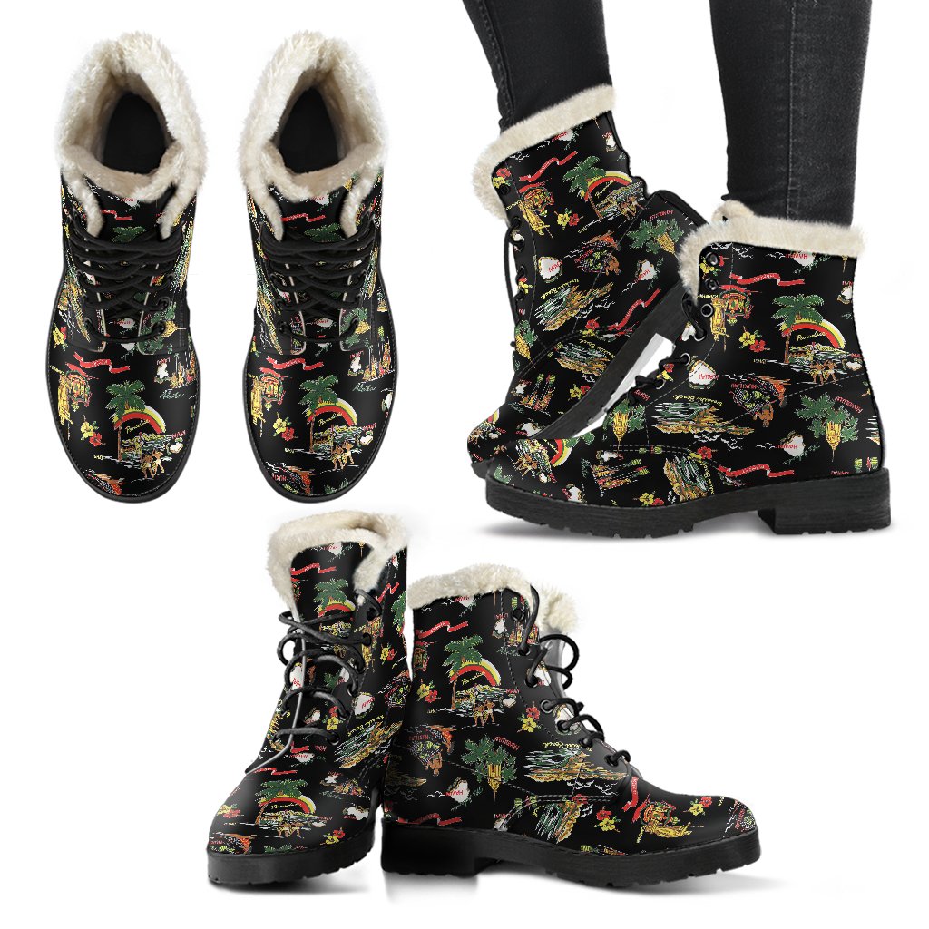 Hawaiian Island Themed Print Faux Fur Leather Boots-JTAMIGO.COM