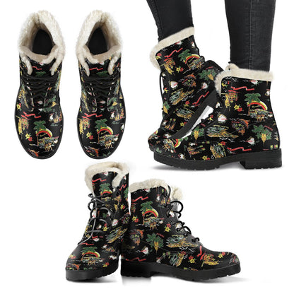 Hawaiian Island Themed Print Faux Fur Leather Boots-JTAMIGO.COM