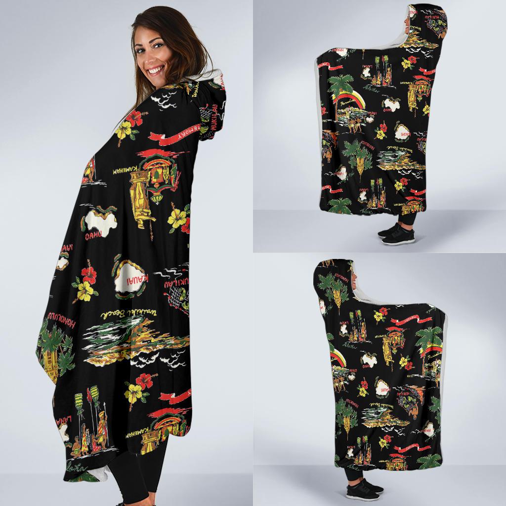 Hawaiian Island Themed Print Hooded Blanket-JTAMIGO.COM