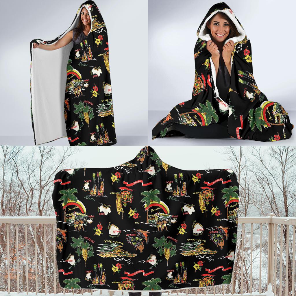 Hawaiian Island Themed Print Hooded Blanket-JTAMIGO.COM
