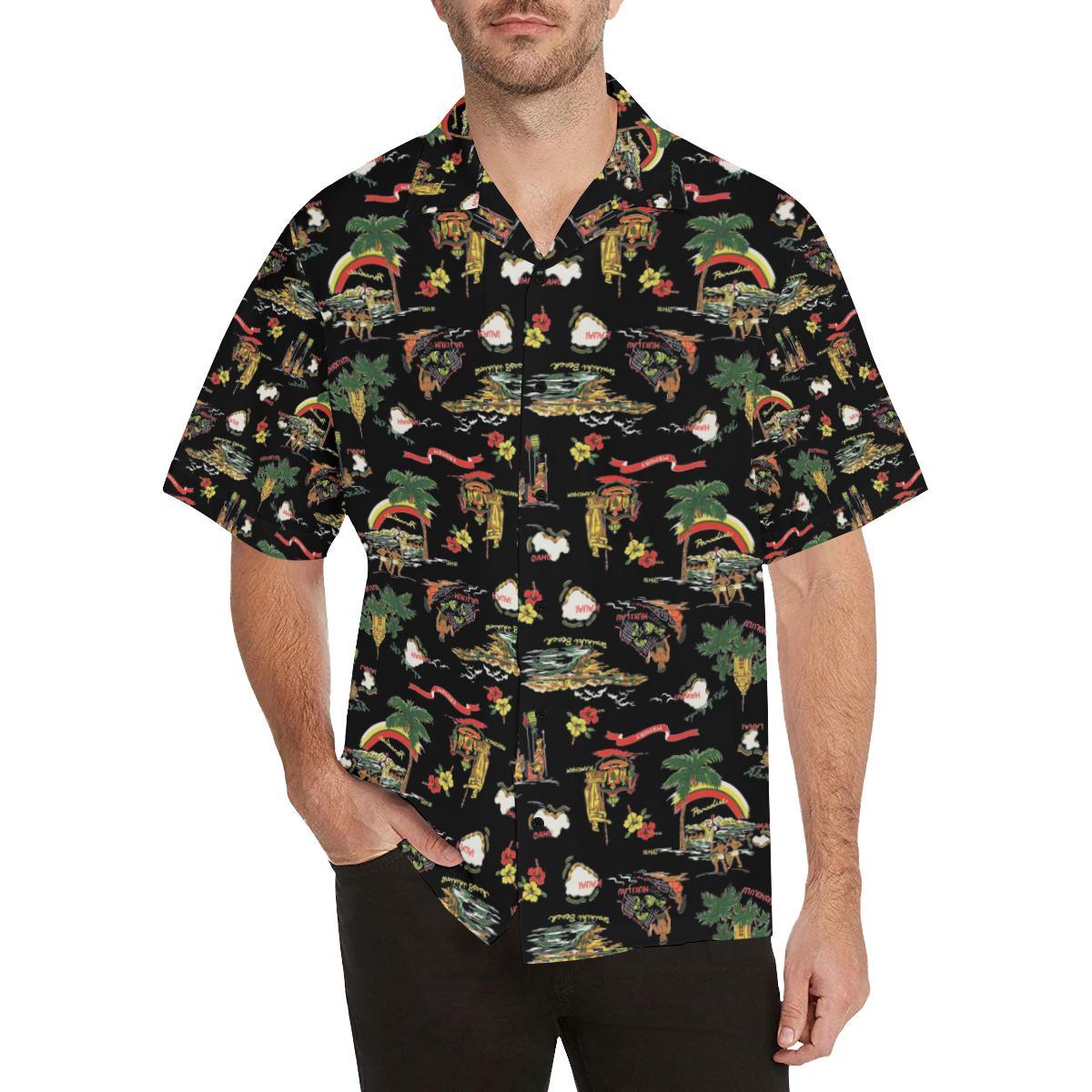 Hawaiian Island Themed Print Men Aloha Hawaiian Shirt