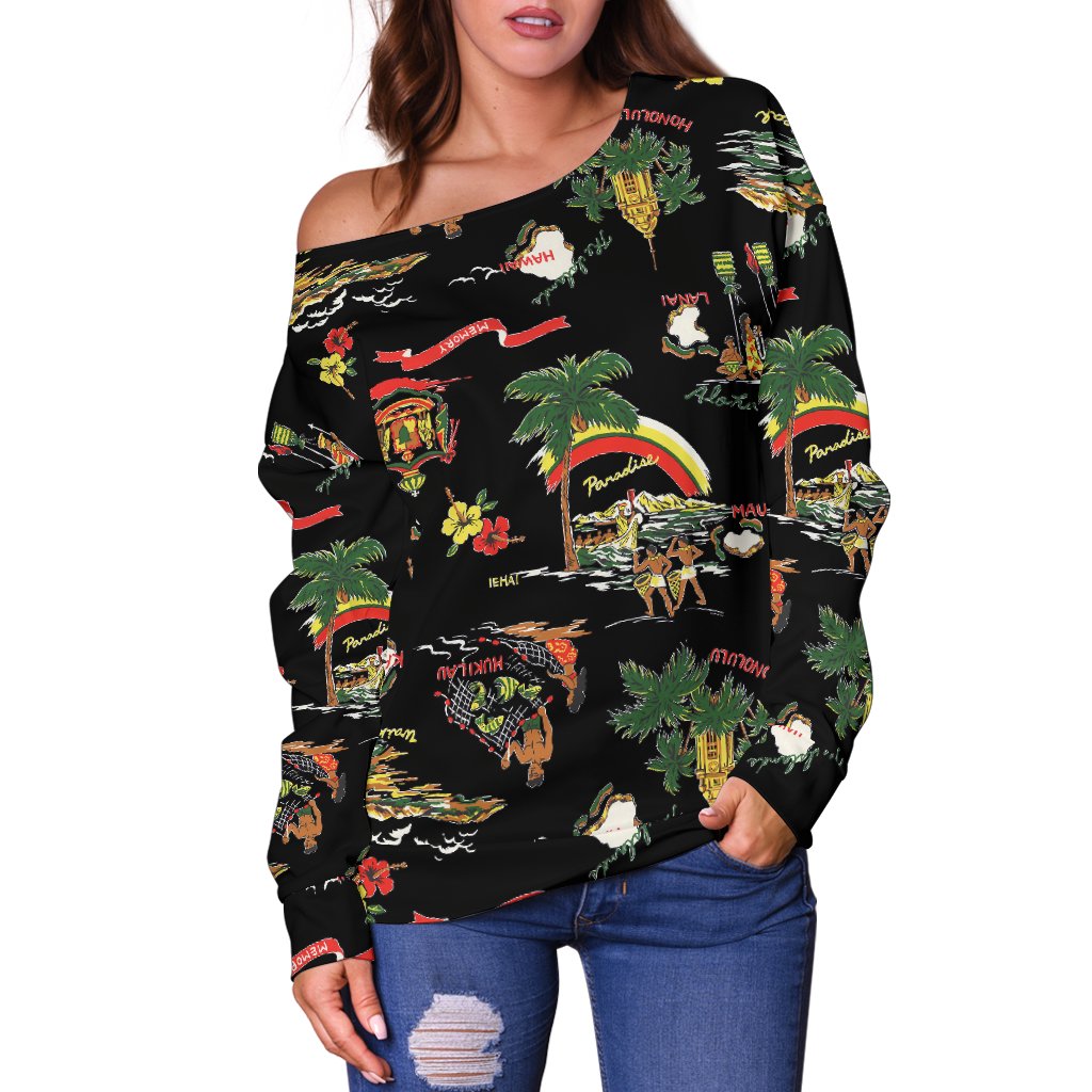 Hawaiian Island Themed Print Off Shoulder Sweatshirt