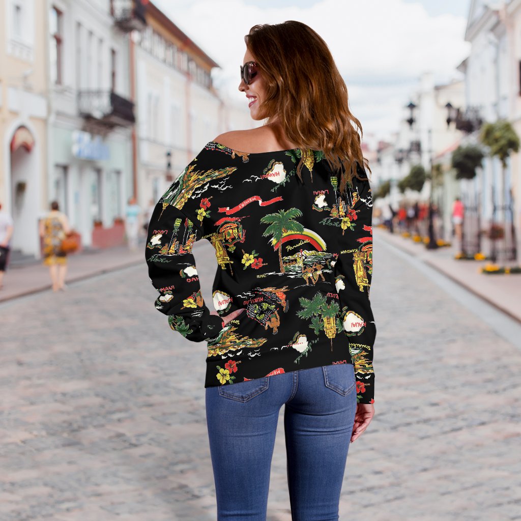 Hawaiian Island Themed Print Off Shoulder Sweatshirt