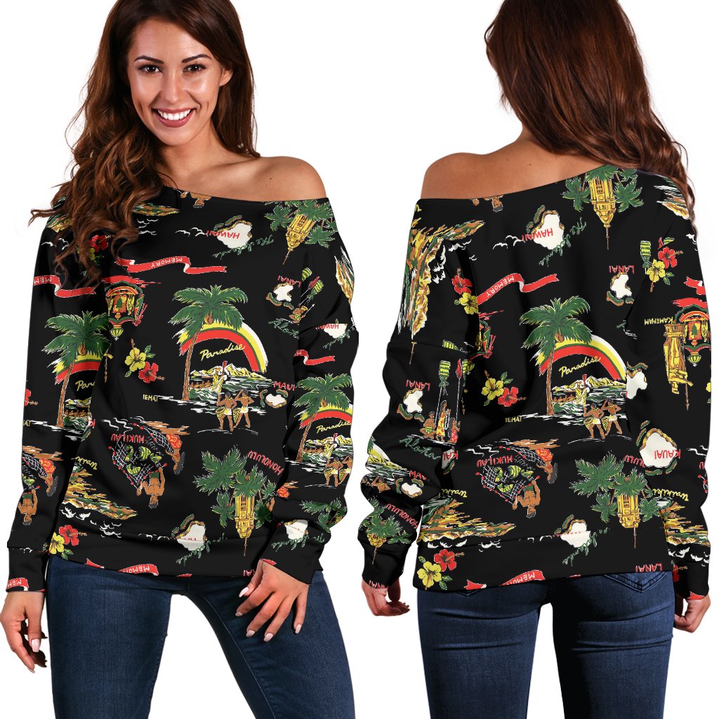 Hawaiian Island Themed Print Off Shoulder Sweatshirt