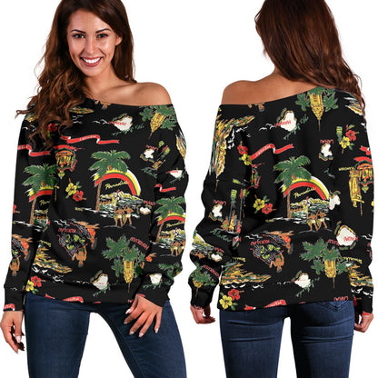 Hawaiian Island Themed Print Off Shoulder Sweatshirt