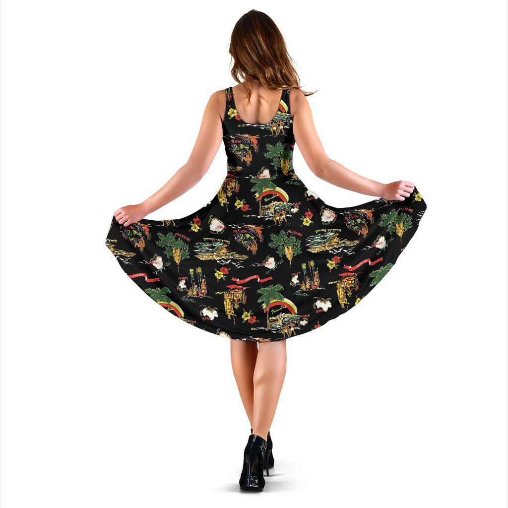 Hawaiian Island Themed Print Sleeveless Dress