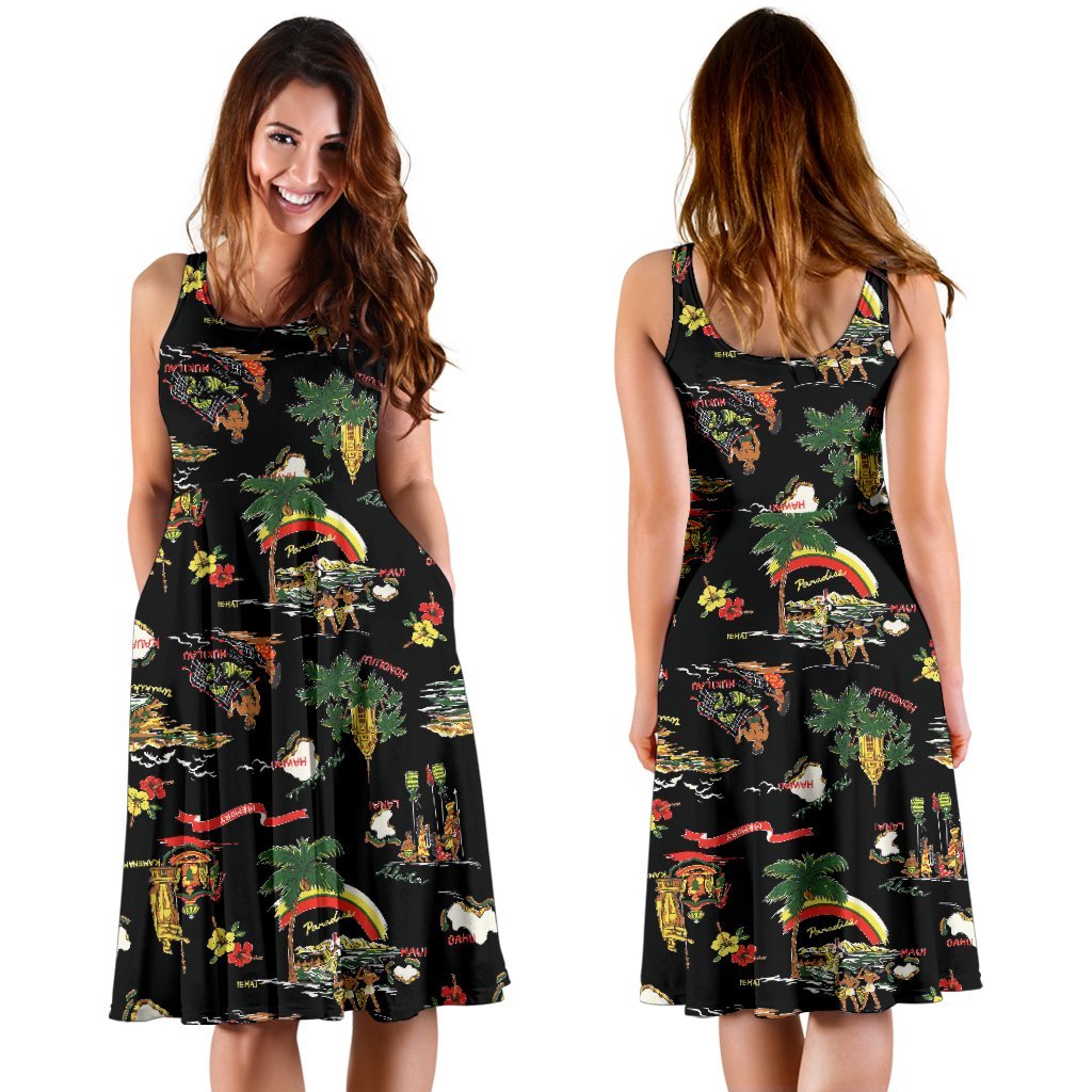 Hawaiian Island Themed Print Sleeveless Dress