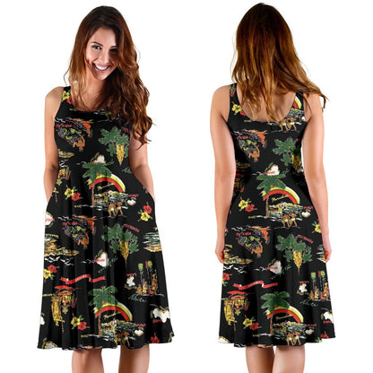 Hawaiian Island Themed Print Sleeveless Dress