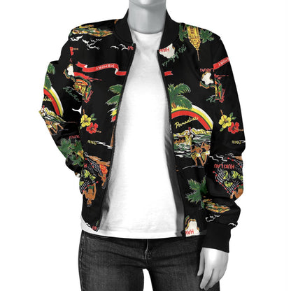 Hawaiian Island Themed Print Women Casual Bomber Jacket