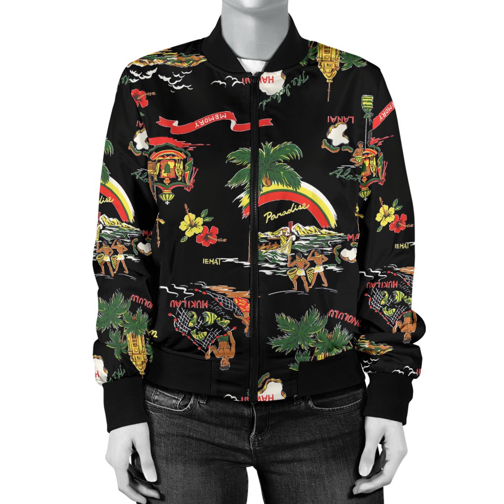 Hawaiian Island Themed Print Women Casual Bomber Jacket