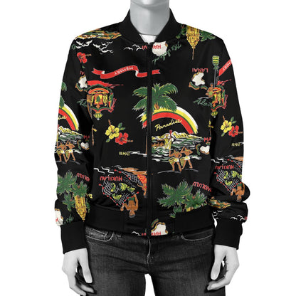 Hawaiian Island Themed Print Women Casual Bomber Jacket