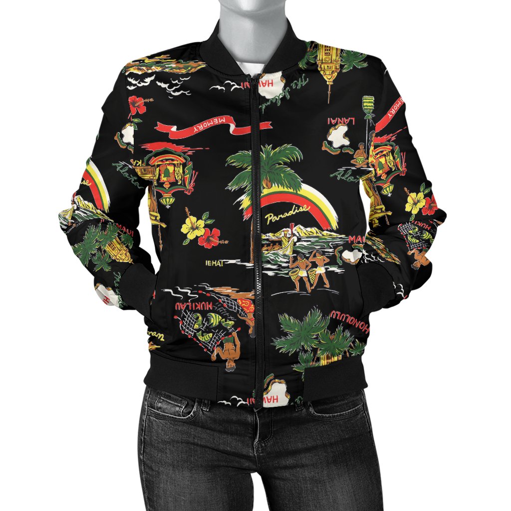 Hawaiian Island Themed Print Women Casual Bomber Jacket